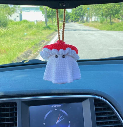 Crochet Ghost Car Charm, Ghost With Mushroom Hat Car Mirror Hanger, Ghost Plushie Halloween Decor, Halloween Car Accessory