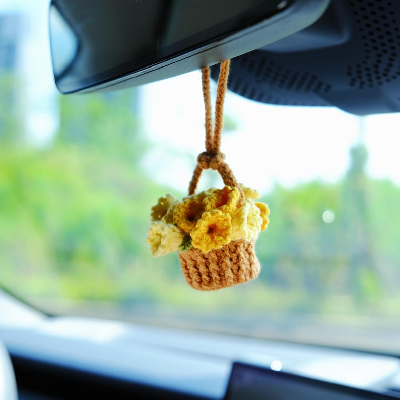 3 in 1 Crochet Flower Car Accessories: Lily of the Valley Car Mirror Hanging/Car Dashboard Decor/Car Coasters, Cute Car Accessory for Women