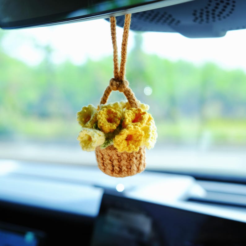 3 in 1 Crochet Flower Car Accessories: Lily of the Valley Car Mirror Hanging/Car Dashboard Decor/Car Coasters, Cute Car Accessory for Women