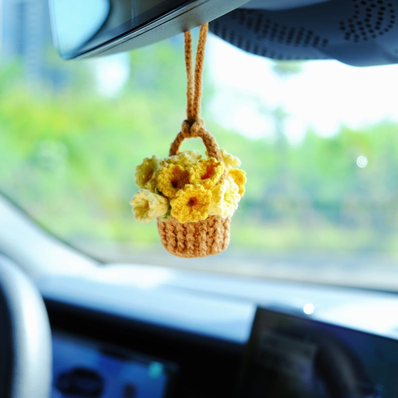 3 in 1 Crochet Flower Car Accessories: Lily of the Valley Car Mirror Hanging/Car Dashboard Decor/Car Coasters, Cute Car Accessory for Women