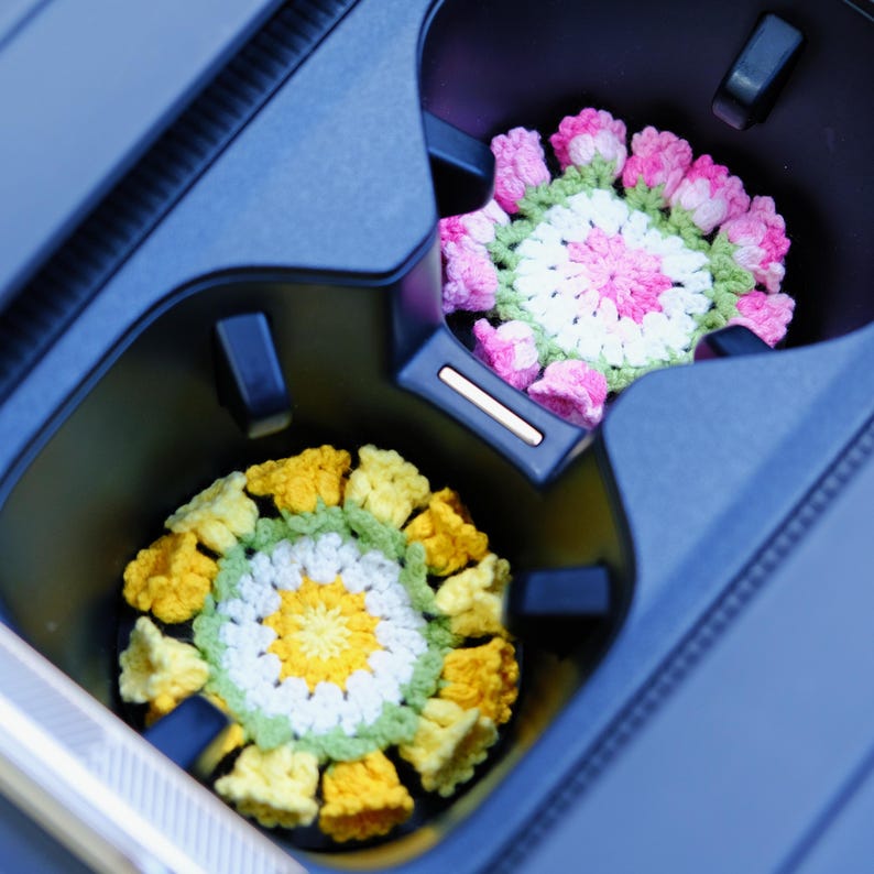 3 in 1 Crochet Flower Car Accessories: Lily of the Valley Car Mirror Hanging/Car Dashboard Decor/Car Coasters, Cute Car Accessory for Women