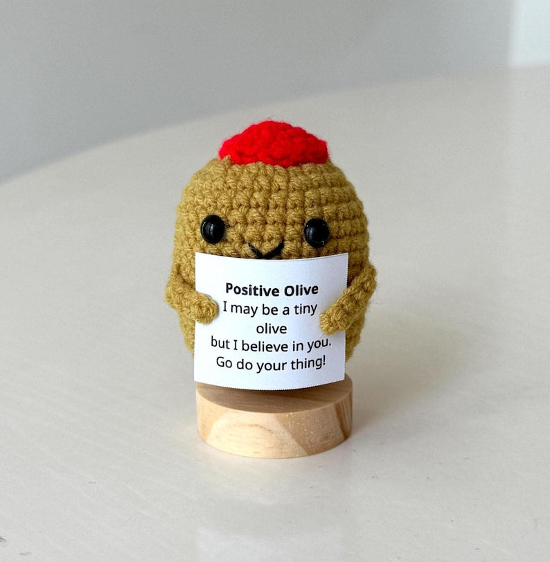 Funny Positive Olive, Knitted Olive Toy With Positive Card, Cute Wool Inspirational Olive Crochet Vegetable Fruit Doll Cheer Up Gifts