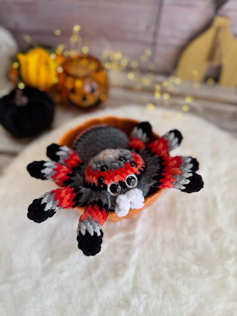 Crochet Halloween Spider, Plush Spider Decor, Red Gray Tarantula Amigurumi