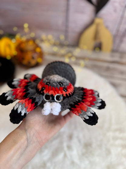 Crochet Halloween Spider, Plush Spider Decor, Red Gray Tarantula Amigurumi