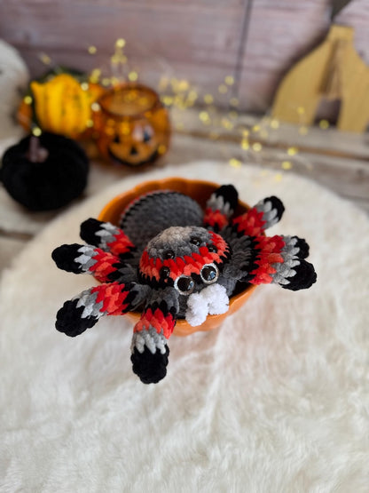 Crochet Halloween Spider, Plush Spider Decor, Red Gray Tarantula Amigurumi