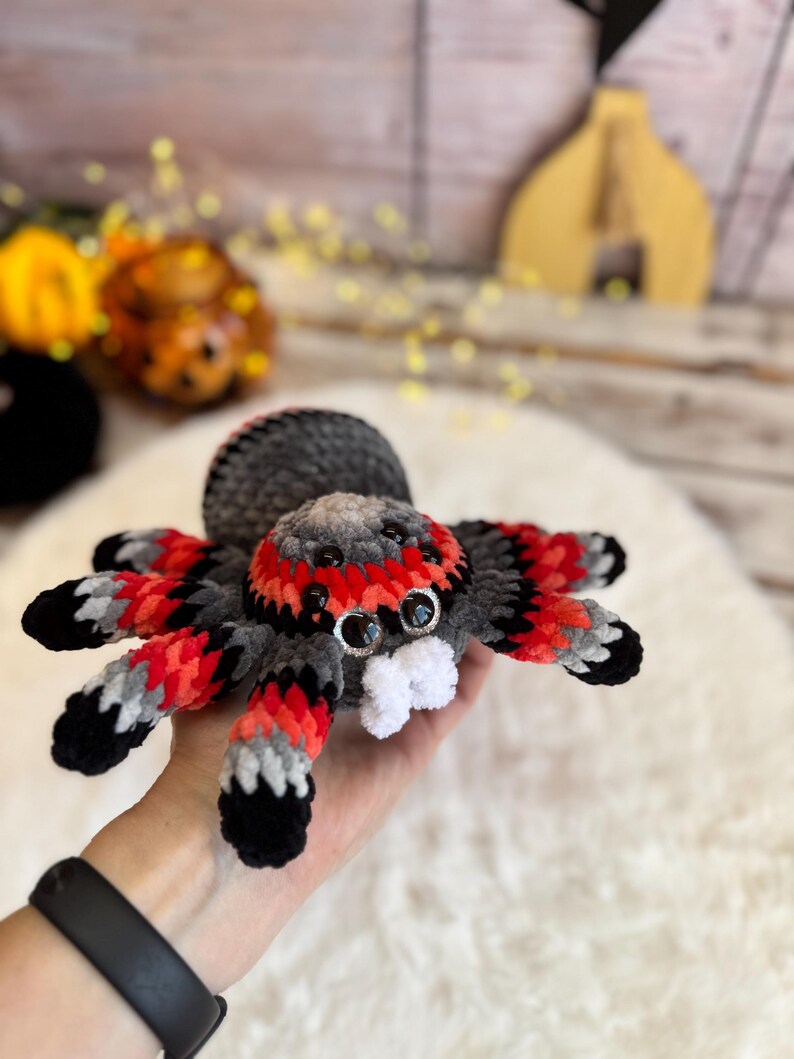Crochet Halloween Spider, Plush Spider Decor, Red Gray Tarantula Amigurumi