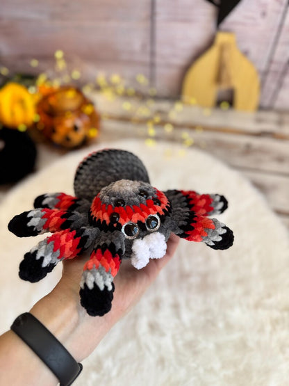 Crochet Halloween Spider, Plush Spider Decor, Red Gray Tarantula Amigurumi