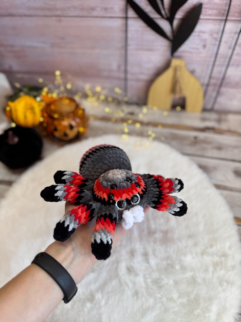 Crochet Halloween Spider, Plush Spider Decor, Red Gray Tarantula Amigurumi