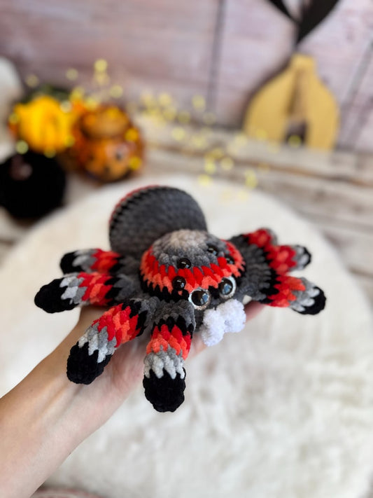 Crochet Halloween Spider, Plush Spider Decor, Red Gray Tarantula Amigurumi