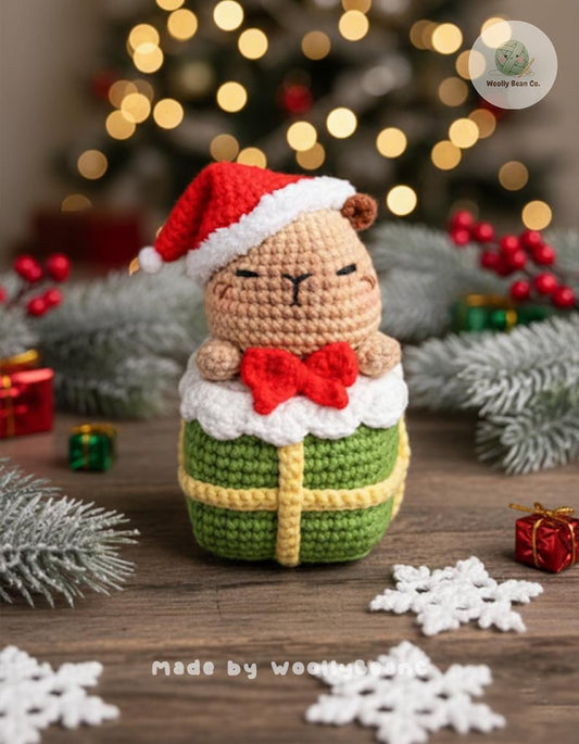 Crochet Capybara with Xmas Hat In The Gift Box Plush, Christmas Amigurumi Keychain, Gift for holidays, Capybara Plushie, Christmas Decor