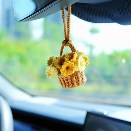 3 in 1 Crochet Flower Car Accessories: Lily of the Valley Car Mirror Hanging/Car Dashboard Decor/Car Coasters, Cute Car Accessory for Women