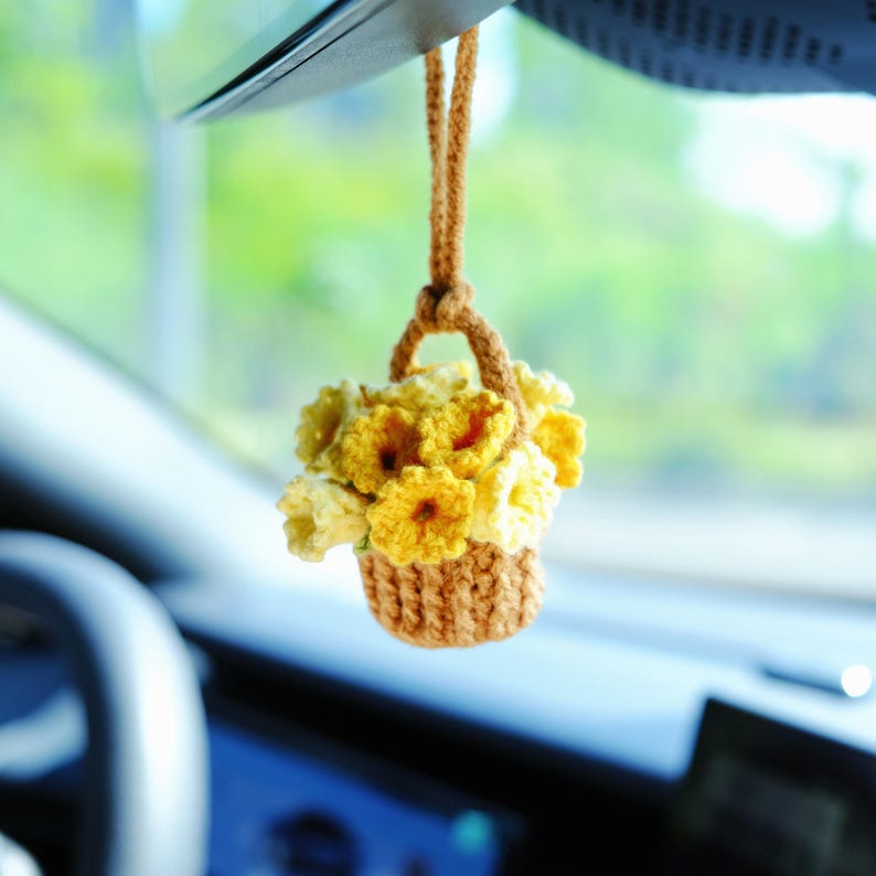 3 in 1 Crochet Flower Car Accessories: Lily of the Valley Car Mirror Hanging/Car Dashboard Decor/Car Coasters, Cute Car Accessory for Women