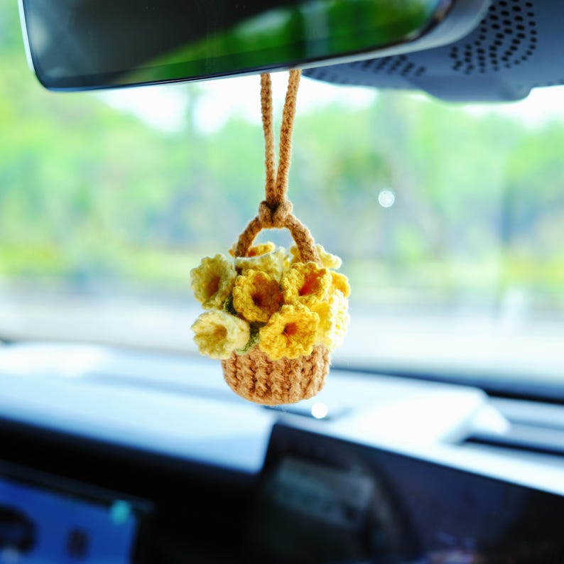 3 in 1 Crochet Flower Car Accessories: Lily of the Valley Car Mirror Hanging/Car Dashboard Decor/Car Coasters, Cute Car Accessory for Women