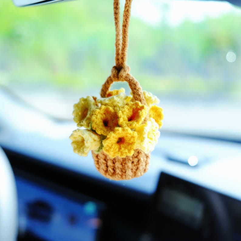 3 in 1 Crochet Flower Car Accessories: Lily of the Valley Car Mirror Hanging/Car Dashboard Decor/Car Coasters, Cute Car Accessory for Women