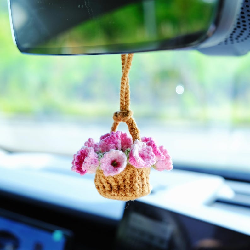 3 in 1 Crochet Flower Car Accessories: Lily of the Valley Car Mirror Hanging/Car Dashboard Decor/Car Coasters, Cute Car Accessory for Women