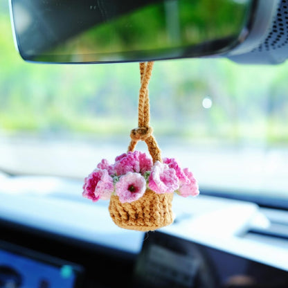 3 in 1 Crochet Flower Car Accessories: Lily of the Valley Car Mirror Hanging/Car Dashboard Decor/Car Coasters, Cute Car Accessory for Women