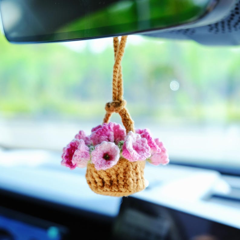 3 in 1 Crochet Flower Car Accessories: Lily of the Valley Car Mirror Hanging/Car Dashboard Decor/Car Coasters, Cute Car Accessory for Women