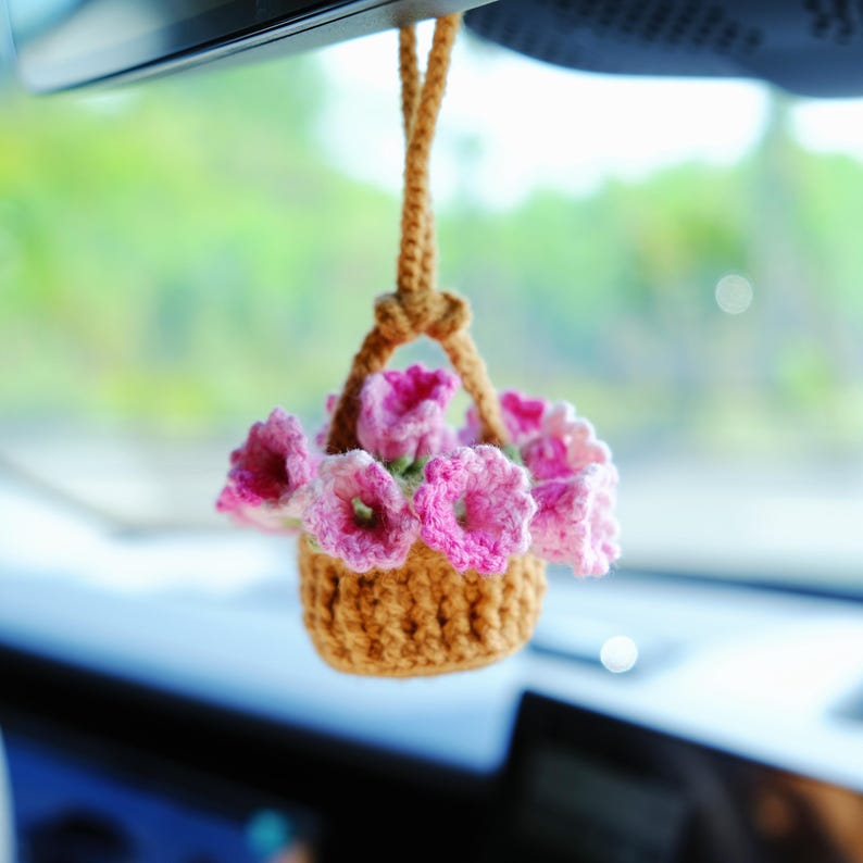 3 in 1 Crochet Flower Car Accessories: Lily of the Valley Car Mirror Hanging/Car Dashboard Decor/Car Coasters, Cute Car Accessory for Women