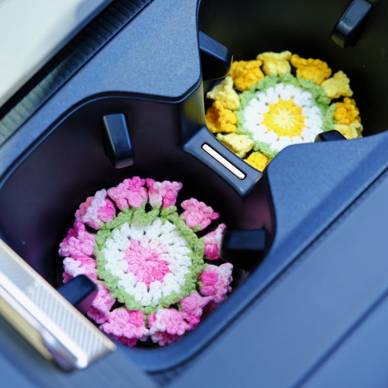 3 in 1 Crochet Flower Car Accessories: Lily of the Valley Car Mirror Hanging/Car Dashboard Decor/Car Coasters, Cute Car Accessory for Women