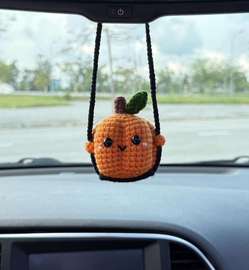 Crochet Pumpkin On A Swing Car Charm, Pumpkin Swinging Car Mirror Hanger, Pumpkin Plushie Fall Halloween Decor, Fall Halloween Car Accessory