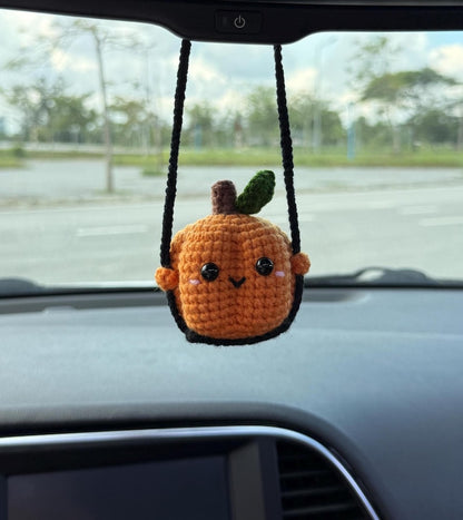 Crochet Pumpkin On A Swing Car Charm, Pumpkin Swinging Car Mirror Hanger, Pumpkin Plushie Fall Halloween Decor, Fall Halloween Car Accessory