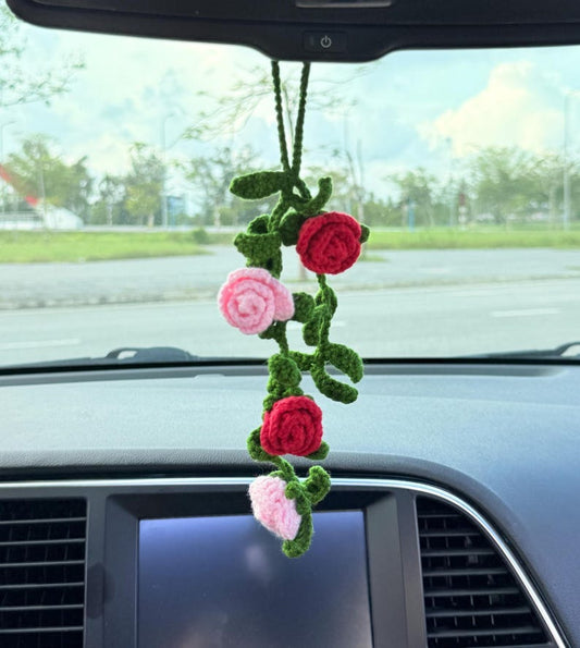 Crochet Rose Car Charm, Hanging Flower Ornament, Handmade Car Mirror Decoration, Cute Floral Rearview Mirror Accessory, Gift For Her