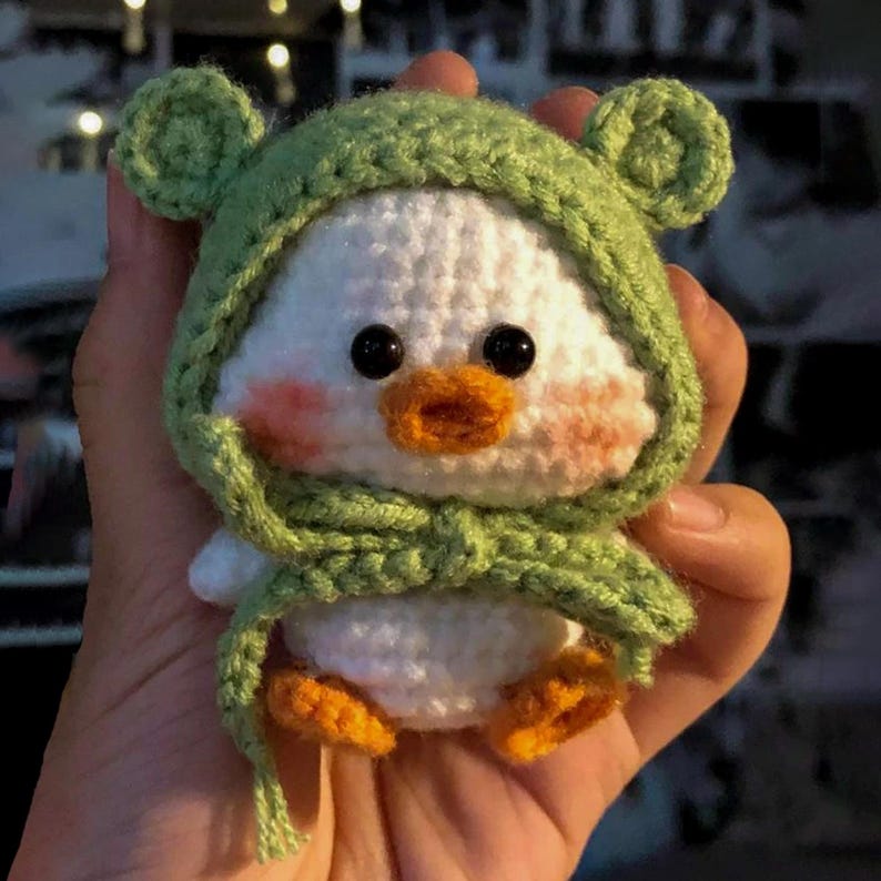 Crochet Duck Wearing Frog Hat, Handmade Rubber Duck Keychain, Kawaii Amigurumi Bag Charm, Gifts for duck lovers