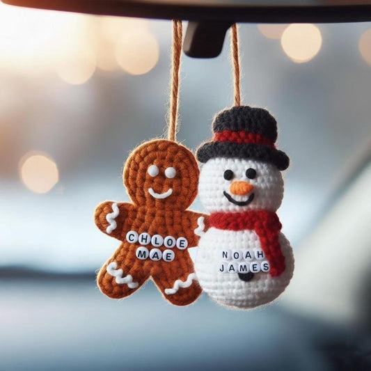 Personalized Couple Snowman & Gingerbread Man Crochet Christmas Ornament, Amigurumi gift, Custom Name handmdade, Gift For Lover, Xmas Decor