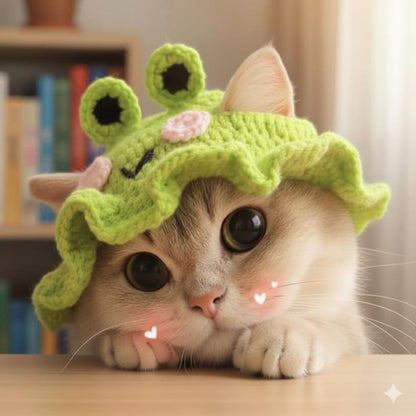 Handmade Cat Knit Frog Hat, Pet Knit Scarf, Crochet Dog Hat, Cute Pet Accessories, Knitted Frog Pet Outfit, Cat Lover Gifts, Dog Lover Gifts