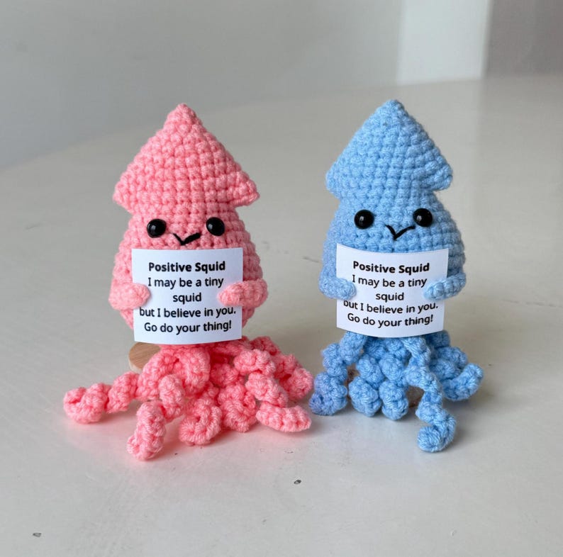 Crochet Squid Positive With Desk Decorations, Supportive Squid Plushie, Birthday Gift, Gifts For Family Friend Coworker