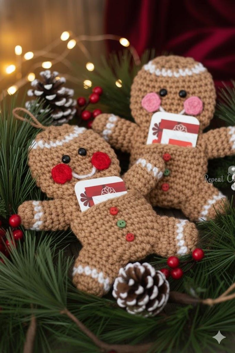 Handmade Gingerbread Man Wool Christmas Card Holder Pouch - Knitted Holiday Gift Bag Decoration