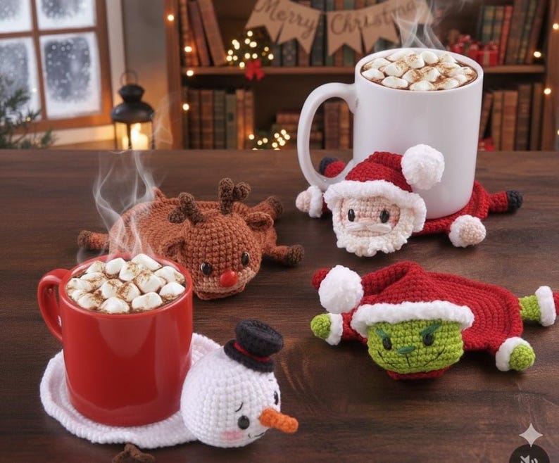 Crochet Christmas Coaster, Handmade Xmas Round Cup Holder, Crochet Santa, Grinch, Snowman Coaster Decor, Cute Gift, Unique Gift for Her