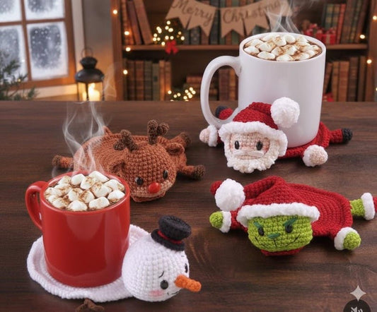 Crochet Christmas Coaster, Handmade Xmas Round Cup Holder, Crochet Santa, Grinch, Snowman Coaster Decor, Cute Gift, Unique Gift for Her