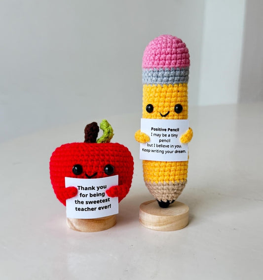 Crochet Pencil Positive, Crochet Apple Teacher, Gift for Educator & Teacher, Back To School Gift For Student, Desk Decor For Classroom