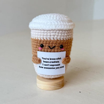 Crochet Positive Coffee Cup Desk Decor, Cute Coffee Lovers Gifts For Family Best Friend Coworkers, Birthday Gift