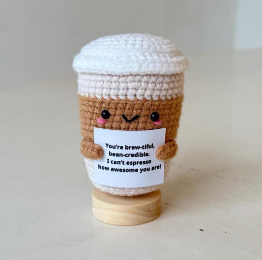 Crochet Positive Coffee Cup Desk Decor, Cute Coffee Lovers Gifts For Family Best Friend Coworkers, Birthday Gift