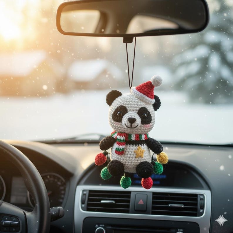 Crochet Christmas Panda Car Ornament, Christmas Gifts, Handmade Panda, Crochet car hanging, Cute Panda Car Charm, Xmas Gift, Bear Amigurumi