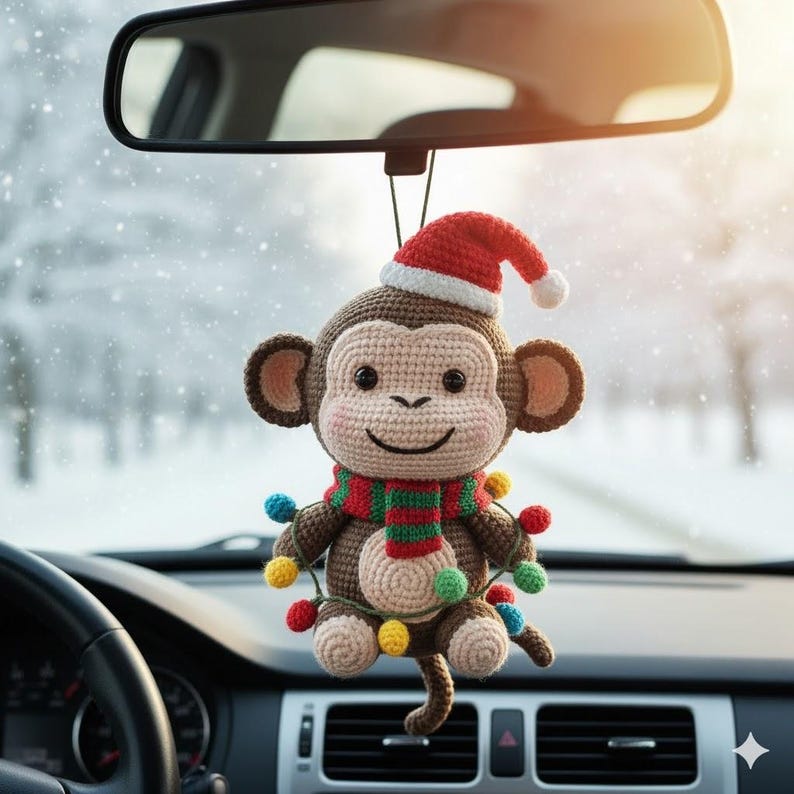 Crochet Christmas Monkey Car Ornament, Christmas Gifts, Handmade Monkey, Crochet car hanging, Cute Monkey Car Charm, Xmas Gift