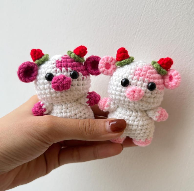 Crochet Strawberry Cow, Cute Mini Cow Plush, , Cow Amigurumi, Crochet Bag Charm, Crochet Keychain, Stuffed Animal