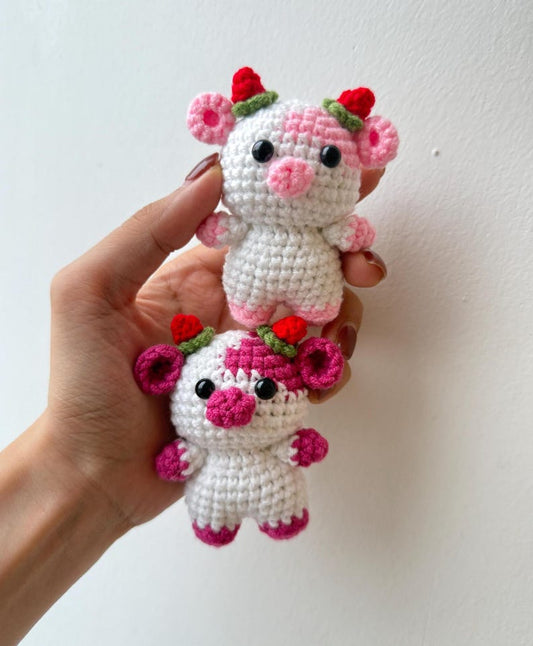 Crochet Strawberry Cow, Cute Mini Cow Plush, , Cow Amigurumi, Crochet Bag Charm, Crochet Keychain, Stuffed Animal