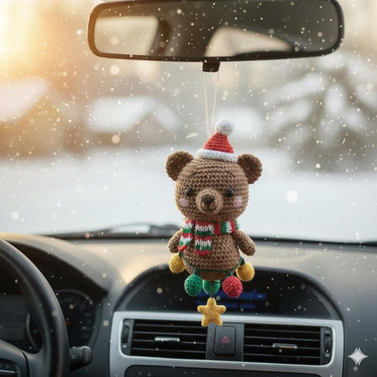 Crochet Christmas Bear Car Ornament, Christmas Gifts, Handmade Bear, Crochet car hanging, Cute Bear Car Charm, Xmas Gift, Bear Amigurumi