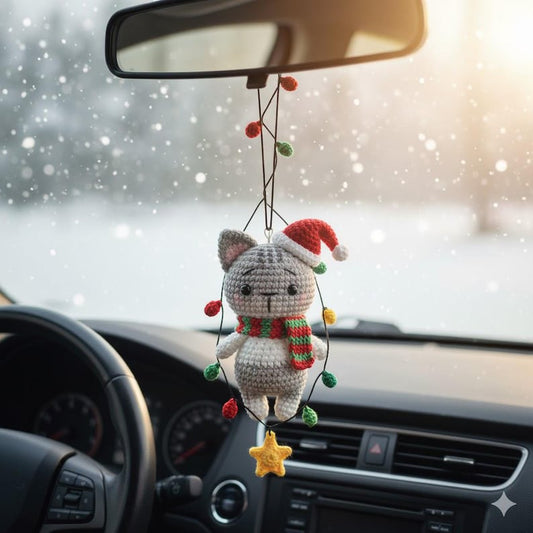 Crochet Christmas Cat Car Ornament, Christmas Gifts, Handmade Cat, Crochet car hanging, Cute Kitty Car Charm, Xmas Gift, Cat Amigurumi