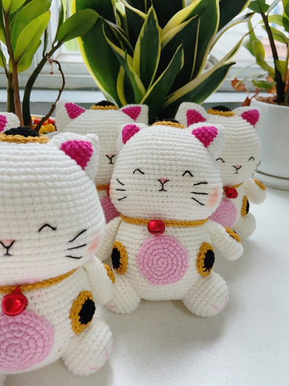 Crochet Lucky Cat, Handmade Maneki Neko Plush, Good Luck Gift