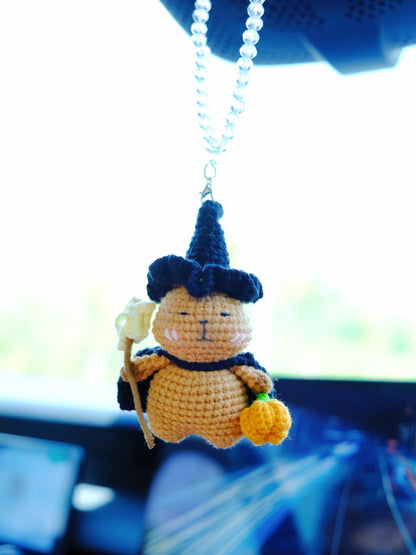Crochet Capybara Car Mirror Hanging Accessory, Anime Magic Capybara Car Charm, Cute Halloween Car Interior Accessories for Women/Teens/Men