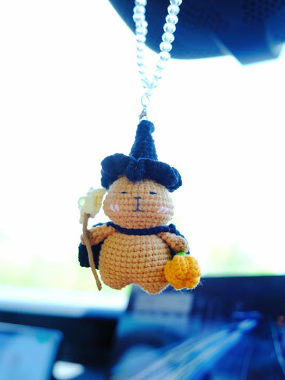 Crochet Capybara Car Mirror Hanging Accessory, Anime Magic Capybara Car Charm, Cute Halloween Car Interior Accessories for Women/Teens/Men