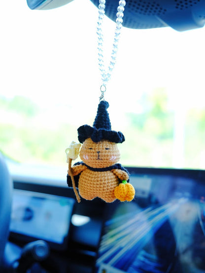 Crochet Capybara Car Mirror Hanging Accessory, Anime Magic Capybara Car Charm, Cute Halloween Car Interior Accessories for Women/Teens/Men