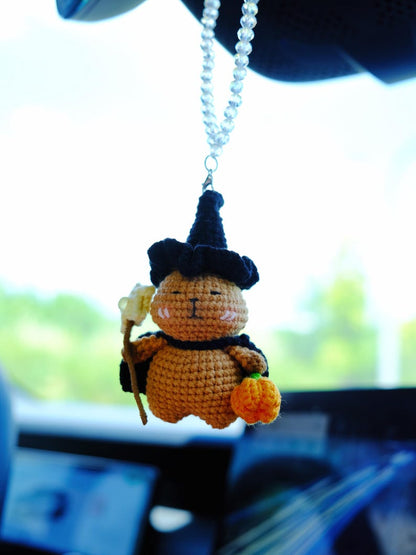 Crochet Capybara Car Mirror Hanging Accessory, Anime Magic Capybara Car Charm, Cute Halloween Car Interior Accessories for Women/Teens/Men