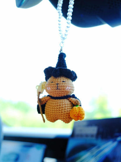 Crochet Capybara Car Mirror Hanging Accessory, Anime Magic Capybara Car Charm, Cute Halloween Car Interior Accessories for Women/Teens/Men