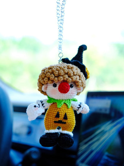 Crochet Circus Clown Car Mirror Hanging Charm, Car Rearview Mirror Ornament, Cute Car Accessories for Women/Teens,  Halloween Gift