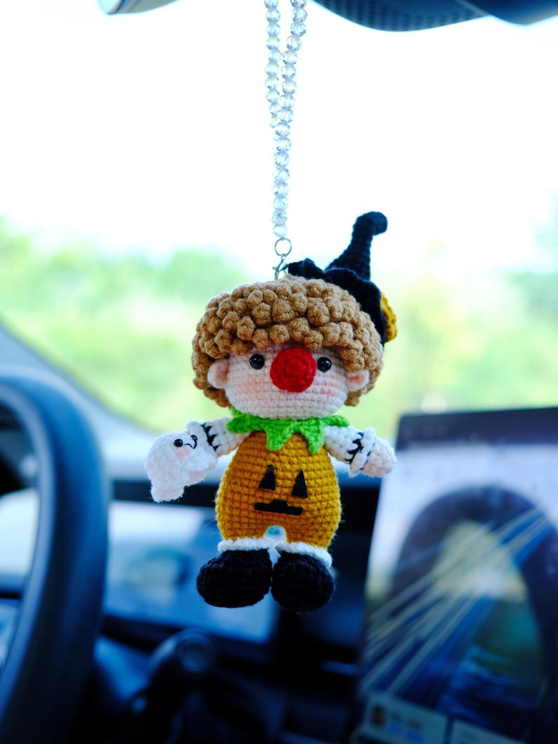 Crochet Circus Clown Car Mirror Hanging Charm, Car Rearview Mirror Ornament, Cute Car Accessories for Women/Teens,  Halloween Gift